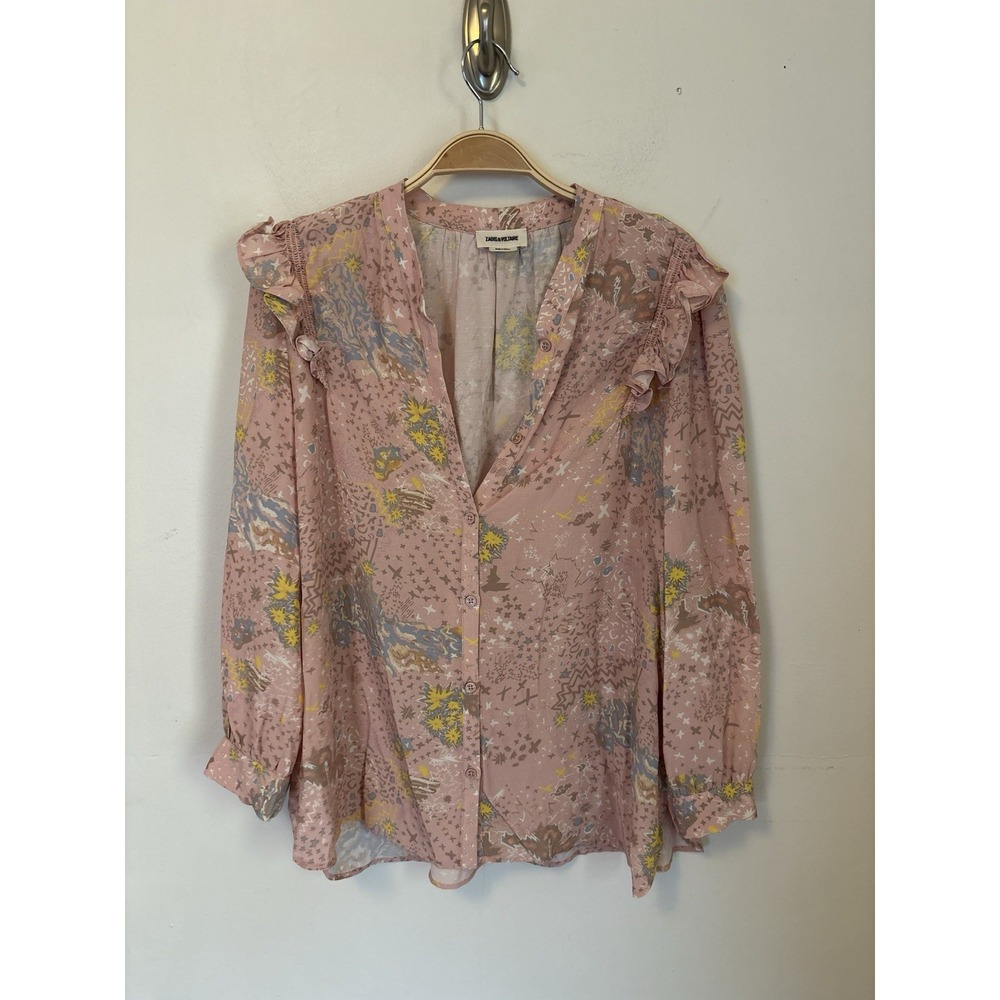 Zadig & Voltaire Abstract Print Ruffle Blouse Button Front Punk Pink Large